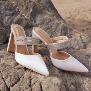Lulu's White Satin Pointed-Toe Mule Heels with Crystal Strap